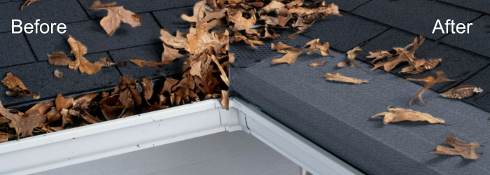 Showcasing a before and after of a gutter helmet installation